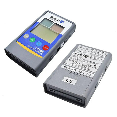 Non Contact Electrostatic Field Meter For ESD Testing And Static Charge Elimination Portable Field Meter With Precise Surface Charge Readouts And Ion Balance From 0 To 200V Ideal For Labs Workshops And On The Go. handheld gray electrostatic field meter, front and back view