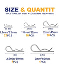 Heavy Duty Cotter Pin Set 50 Pcs Assortment Kit with 5 Sizes R Clips and Spring Fasteners displayed with size measurements