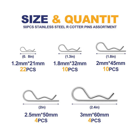 Heavy Duty Cotter Pin Set 50 Pcs Assortment Kit with 5 Sizes R Clips and Spring Fasteners displayed with size measurements