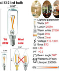 Dimmable T6 LED Bulb 25W Candelabra E12, 2700K Warm White, glass bulb with dimensions and lighting parameters displayed.