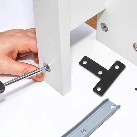 Beefy Heavy Duty Black T Shape Corner Brackets 20 Pieces Stainless Steel With Screws installation on white furniture