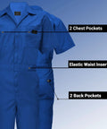 Men's Royal Blue Short Sleeve Coveralls Heavy Duty Poly-Cotton Workwear showing 2 chest pockets and 2 back pockets.
