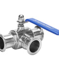 DERNORD 2-inch tri-clamp sanitary ball valve, 3-way T-port, stainless steel 304 with PTFE lining, blue lever