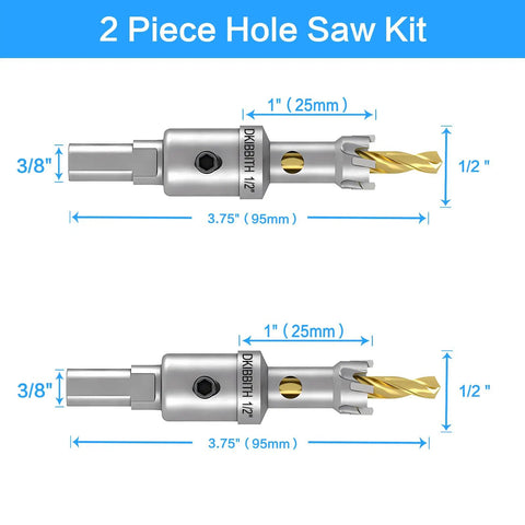 Pro Grade TCT Hole Saw Two Pack Half Inch Tungsten Carbide Tipped Cutters With Titanium Coated Pilot Bit Cuts Metal Hard Plastic