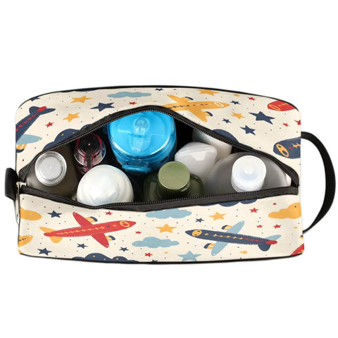 Cartoon Aircraft Clouds Toiletry Bag With Hanging Hook Large Capacity Travel Makeup And Shaving Kit Organizer open