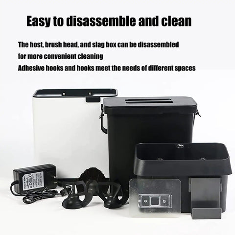Electric Automatic Coffee Grounds Cleaner For Espresso Portafilter Handles With Built In Brush And Powder Wiper Tool No Sweat Cleanup And Smooth Operator Design For Real Home Baristas Silver disassembled parts including brush head and buckets.