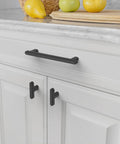 Matte Black Cabinet Pulls Set Of 10 5 Inch Hole Center Drawer Handles For Kitchen Cabinets And Bathroom Vanities installed on white cabinet