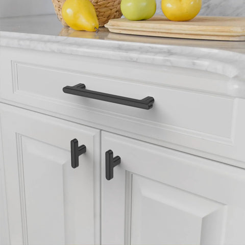 Matte Black Cabinet Pulls Set Of 10 5 Inch Hole Center Drawer Handles For Kitchen Cabinets And Bathroom Vanities installed on white cabinet