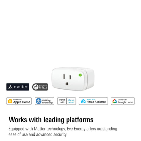 Matter Over Thread Smart Plug Pack With App And Voice Control, Privacy First, 2 Pack shown with compatible platforms