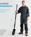 Man holding heavy duty 4 inch trench shovel with blue fiberglass handle, shown with detailed dimensions, 56 inch professional grade tool