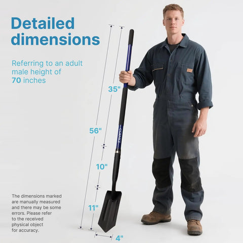 Man holding heavy duty 4 inch trench shovel with blue fiberglass handle, shown with detailed dimensions, 56 inch professional grade tool