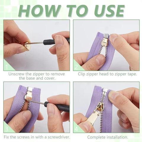 Step-by-step guide on using Metal Zipper Repair Kit With Detachable Zip Heads And Screwdriver Stainless Steel Zipper Pull Replacement