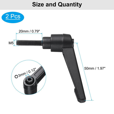 4 Piece Clamping Lever Adjustable Handles Set With Metric M5 Threads Including 20mm Male And M5 Female, black handle side view