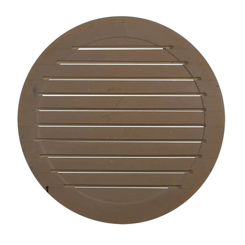 Front view of 24 Inch Round Functional Gable Vent Louver Super Tough For Exterior Use Made Of Durable Urethane That Will Not Crack Warp Or Split Lightweight Easy No Hassle Install Factory Primed Paintable Design.