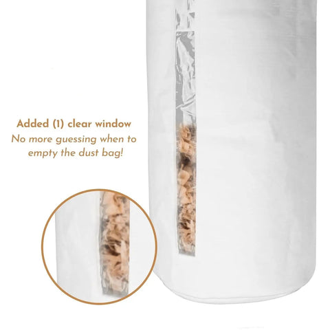 1 Micron Dust Filter Bag for Wall Mount Dust Collectors with Clear Window and Easy Zip fits 5 to 6 inch inlets shown close up