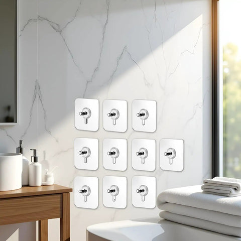 No Drill Wall Hooks Heavy Duty Adhesive Hangers For Kitchen, Bathroom And Home, Damage Free Picture Hanging, 10 Pack With Removable Non Marking Tape, Strong Grip For Towels, Coats, Bags And More on bathroom wall