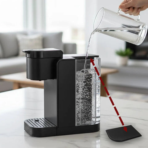 Pouring water into Keurig K Express Essentials with Snap On Water Reservoir Lid Replacement for K Express Essentials Coffee Maker shown beside.