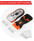 Heavy Duty Single Edge Razor Blades, 100 Pack For Industrial Scraping, made from high carbon steel shown with safety scraper