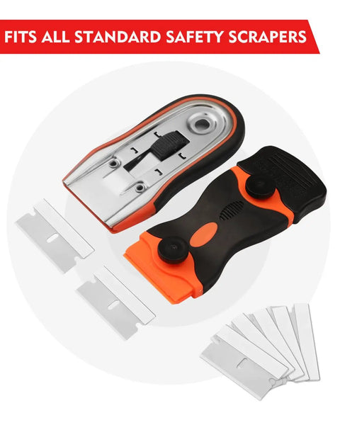 Heavy Duty Single Edge Razor Blades, 100 Pack For Industrial Scraping, made from high carbon steel shown with safety scraper