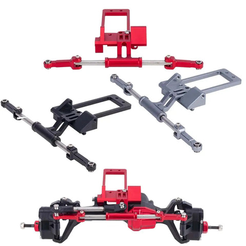 CNC Aluminum Servo Mount With Simulated Hydraulic Steering Kit for 1To10 RC Crawler Cars, titanium anodized, various views.