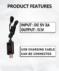 USB charging cable for Beefy 11.1V 600mAh 3S LiPo Battery with DC 5V 2A input and 11.1V output