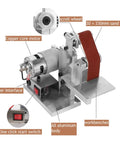 Mini Electric Belt Sander Desktop Grinder Badass Polisher And Edge Sharpener Crushing Dust With Kickin Torque For Slick Woodwork Finishes showing copper motor and aluminum body.