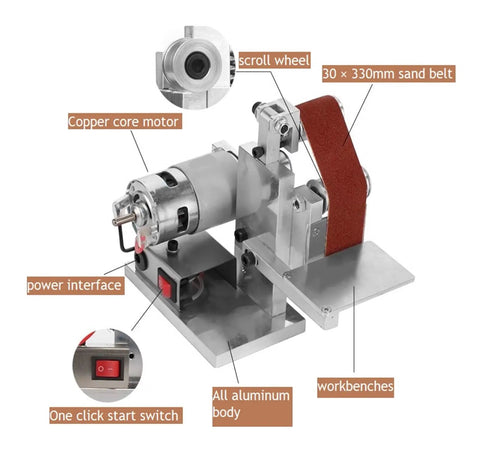 Mini Electric Belt Sander Desktop Grinder Badass Polisher And Edge Sharpener Crushing Dust With Kickin Torque For Slick Woodwork Finishes showing copper motor and aluminum body.
