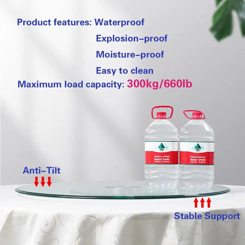 Round Rotating Serving Plate With Large Tempered Glass Lazy Susan Turntable for Family Get Togethers and Entertaining showcased with load capacity features and supporting bottles.