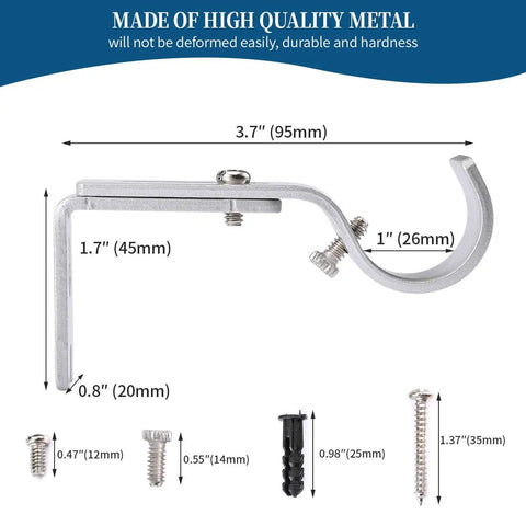 Diagram of Heavy Duty Adjustable Curtain Rod Brackets For 1 Inch Rods, Silver Color, with dimensions and screws