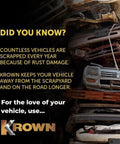 Stack of scrapped vehicles with text about rust damage and Krown's role in protection.