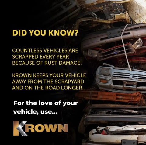 Stack of scrapped vehicles with text about rust damage and Krown's role in protection.