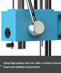 Close-up of Heavy Duty Benchtop Arbor Press With Automatic Retractable Handle And 1100 Lb Manual Forming Capacity built from solid cast iron components.