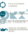 ORX external deburring chamfer tool infographic; 1/8–3/4 in (3–19 mm) range, clockwise 0–400 RPM, do not use hammer drill.
