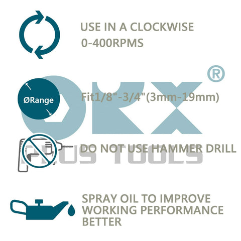 ORX external deburring chamfer tool infographic; 1/8–3/4 in (3–19 mm) range, clockwise 0–400 RPM, do not use hammer drill.