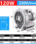 Heavy Duty Single Phase Turbine Blower Pulling Massive Airflow, 110V 120W Regenerative Vacuum Pump, side view with dimensions.
