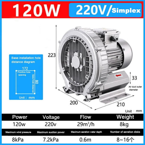 Heavy Duty Single Phase Turbine Blower Pulling Massive Airflow, 110V 120W Regenerative Vacuum Pump, side view with dimensions.