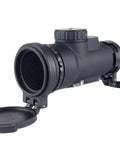 MRO SD Patrol 1x25 Red Dot Sight with Adjustable LED 2 MOA Red Dot for faster target acquisition, front view with open lens cap.
