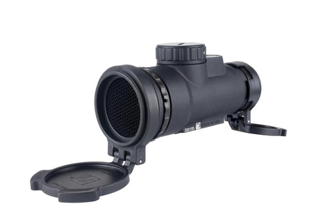 MRO SD Patrol 1x25 Red Dot Sight with Adjustable LED 2 MOA Red Dot for faster target acquisition, front view with open lens cap.