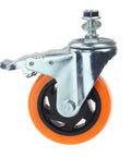 Swivel caster wheel with 3-inch orange PVC tire on zinc-plated metal frame; side view showing mounting bolt