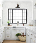 Modern kitchen featuring 2 Pack Farmhouse Plug In Wall Sconces with Gooseneck Arms and Barn Shade Matte Black Finish and Brass Heads.
