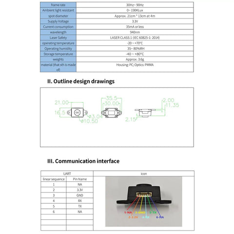 Technical specifications and dimensions of Lidar Sensor Scanner For 0 To 4m ToF Ranging Module For Drones And Robot Rigs