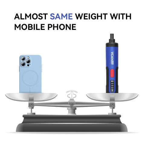 Image of a 4V Cordless Electric Screwdriver With LED Light 2000mAh USB Rechargeable Battery on a scale next to a smartphone.