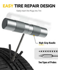 Capsule Style Tire Repair Kit With Plugs For Punctures And Flats That Fits In Your Glove Box Or Backpack Ultra Portable And Stainless Steel Shell Quick Patch For Motorcycle Car ATV UTV And Mountain Bikes A Grab And Go Roadside Fix with high-grip handle and probes shown in use.