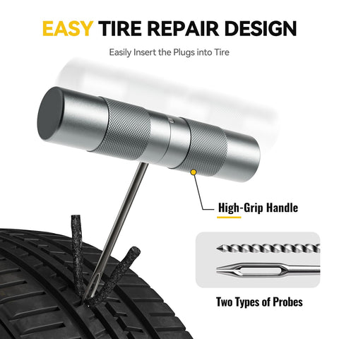 Capsule Style Tire Repair Kit With Plugs For Punctures And Flats That Fits In Your Glove Box Or Backpack Ultra Portable And Stainless Steel Shell Quick Patch For Motorcycle Car ATV UTV And Mountain Bikes A Grab And Go Roadside Fix with high-grip handle and probes shown in use.