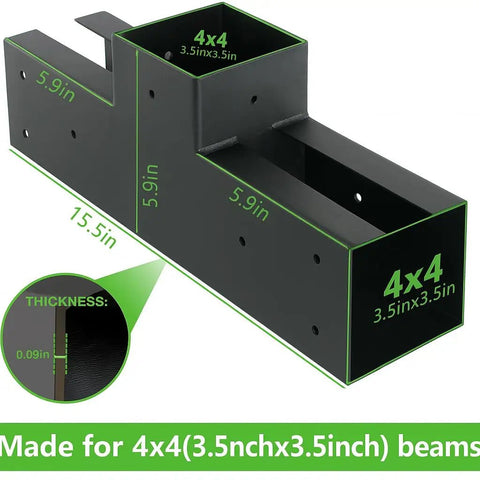 Close-up of Post And Beam T Bracket Set For 4x4 Lumber Pergola Kit Heavy Duty Outdoor Hardware showing dimensions and thickness.