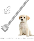 Heavy Duty Stainless Steel Pooper Scooper Set With 33.4 Inch Upright Dustpan And Spade next to a puppy for pet waste cleanup.