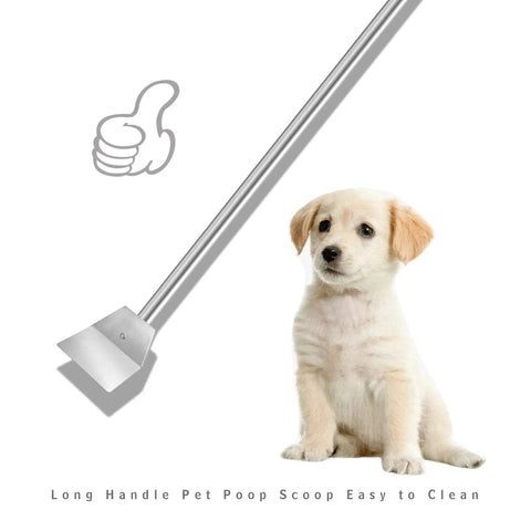 Heavy Duty Stainless Steel Pooper Scooper Set With 33.4 Inch Upright Dustpan And Spade next to a puppy for pet waste cleanup.