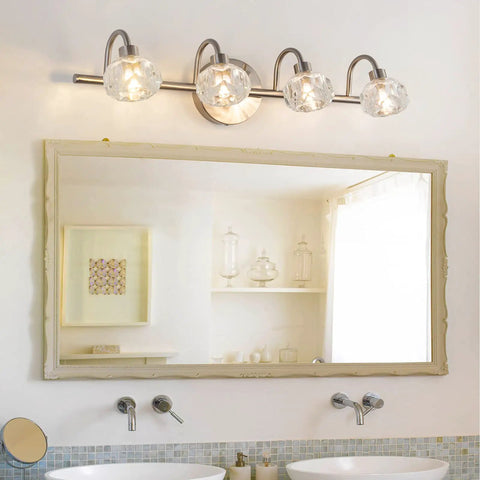 Modern 4 Light Bathroom Vanity Light Over Mirror With Crystal Glass Shade LED Wall Fixture installed over mirror