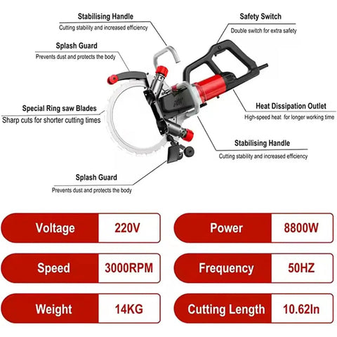 Heavy Duty Electric Ring Saw with stabilizing handle, 8800W power, designed for efficient slab cutting in stone, metal, and marble.