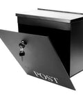 Beefy Outdoor Wall Mount Mailbox Black Weatherproof Mailbox With Big Capacity and Easy Install, open front view with lock and keys visible.
